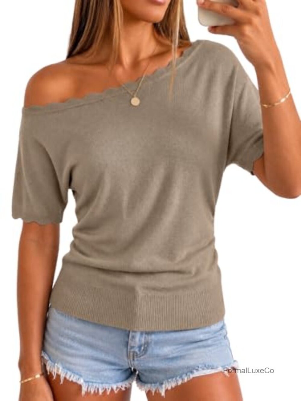 Off Shoulder Boat Neck Knit Top Ruched Waist Short Sleeve Sweater